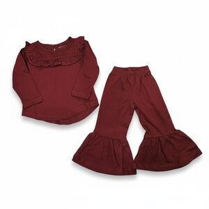 Atun Burgundy Ruffle Top & Bell Bottoms Kids Matching Set